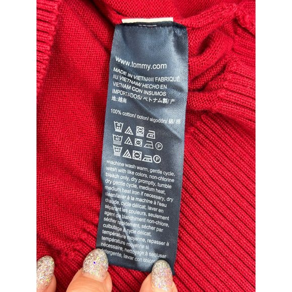 0705A- Tommy Hilfiger Men’s Sweater XL Red V-Neck Pullover Ribbed Cotton Logo - Picture 8 of 9